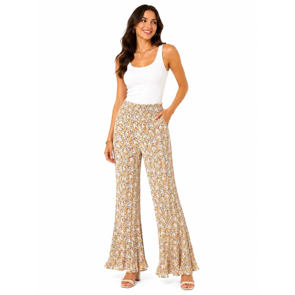 Free People Floral Smocked Crinkle Flare Rayon Blend Wide Leg sz Large